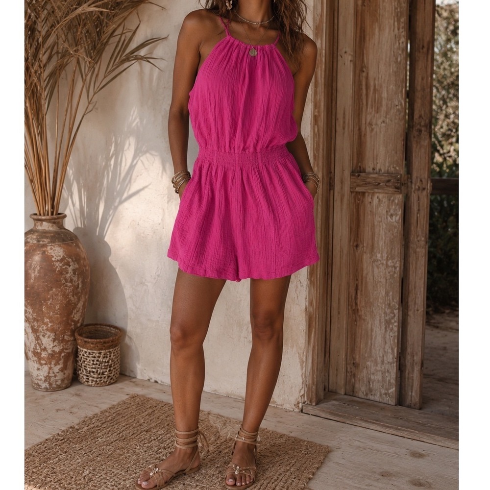 New In Hot Pink Halter Romper Smocked Waist Gauze Boho Summer Beach NP70159 M hh